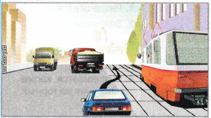 Чи дозволено водієві легкового автомобіля виїхати на трамвайну колію у вказаному стрілкою напрямку?