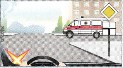 На цьому перехресті, де автомобіль карети швидкої медичної допомоги рухається з увімкненим тільки спеціальним звуковим сигналом, ви: