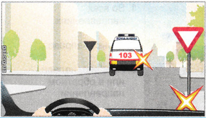 На этом перекрестке, если карета скорой медицинской помощи движется без включенных специальных сигналов, вы: