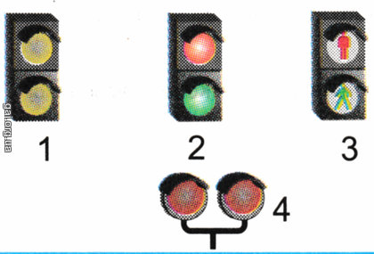 Яким із зображених світлофорів позначають небезпечний пішохідний перехід?