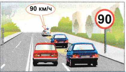 Разрешается ли водителю красного легкового автомобиля движение со скоростью 90 км/ч в этой ситуации?