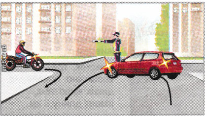 У разі такого жесту регулювальника рух у напрямках, показаних на рисунку стрілками, дозволено: