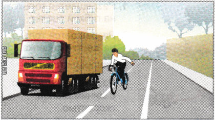 Чи дозволено велосипедисту виконати об'їзд вантажного автомобіля, який стоїть, на цій ділянці дороги?