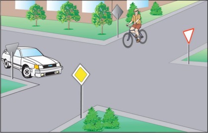 До нерегульованого перехрестя наближаються водій автомобіля, перед яким установлено дорожній знак «Дати дорогу», і водій велосипеда. Хто має перевагу?