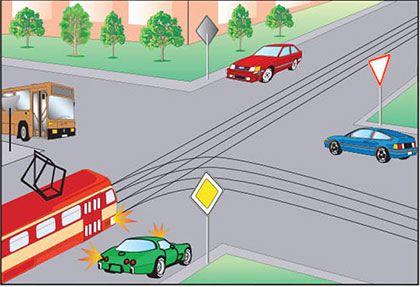 Поворачивая налево или разворачиваясь на нерегулируемом перекрёстке, водитель нерельсового транспортного средства должен уступить дорогу: