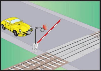 Как должен поступить водитель транспортного средства, если на железнодорожном переезде включены запрещающий сигнал светофора и звуковой сигнал, а шлагбаум ещё не опущен?