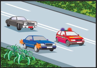 Як повинен діяти водій легкового автомобіля в ситуації, показаній на малюнку, почувши спеціальний звуковий сигнал і побачивши транспортний засіб із синім і червоним проблисковими маячками?