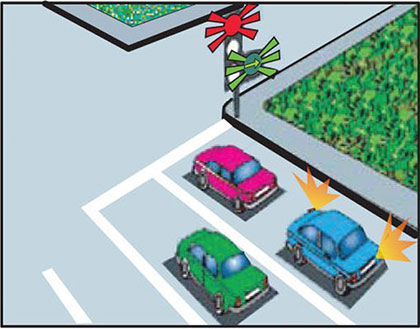 Як повинен учинити водій червоного автомобіля в ситуації, показаній на малюнку?