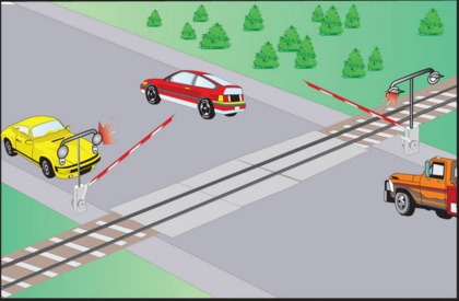 Если шлагбаум на железнодорожном переезде начал опускаться, то водитель нерельсового транспортного средства должен: