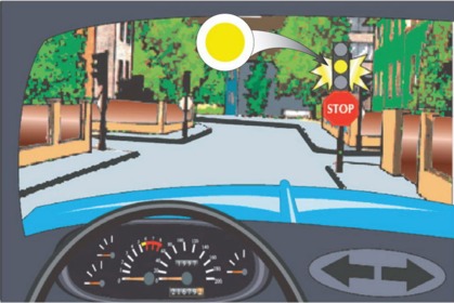 Светофор работает в режиме мигания сигнала жёлтого цвета. Разрешается ли Вам проезд перекрёстка без остановки перед знаком «Проезд без остановки запрещён»?