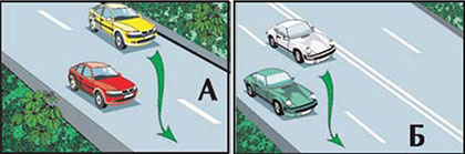 На каком из рисунков показан обгон на дороге с двусторонним движением? (Водители жёлтого и белого автомобилей выехали из ранее занимаемой полосы движения).