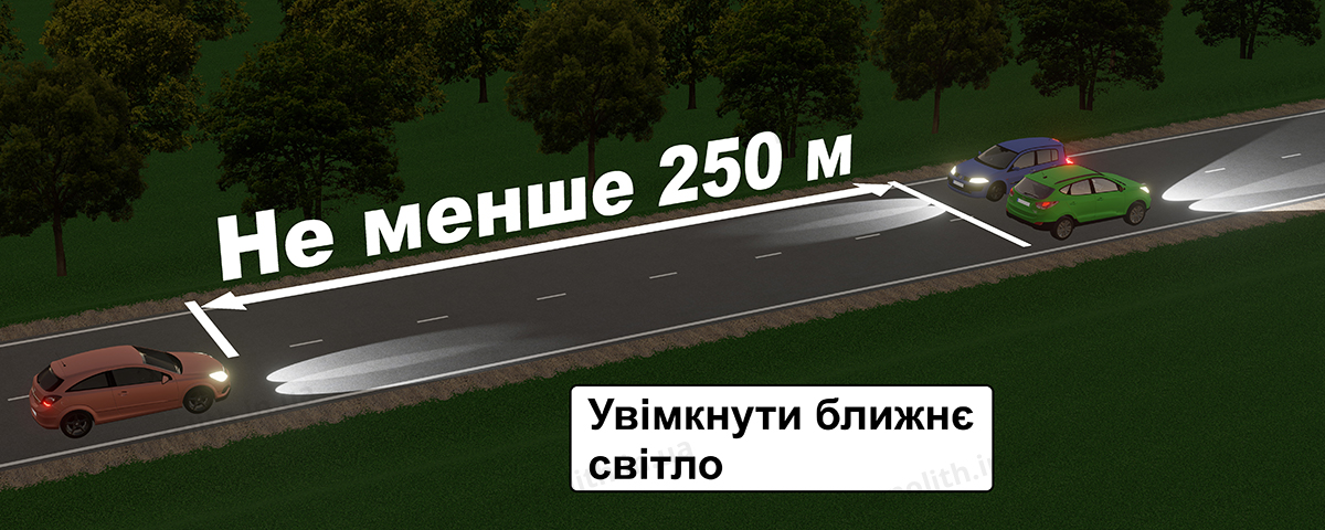 ПДР: дальнє світло слід перемикати на ближнє не менш як за 250 м до зустрічного ТЗ ПДР: дальнє світло слід перемикати на ближнє не менш як за 250 м до зустрічного ТЗ
