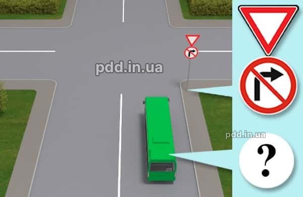 Чи дозволено автобусу, який рухається за встановленим маршрутом, повернути праворуч на зображеному перехресті?
