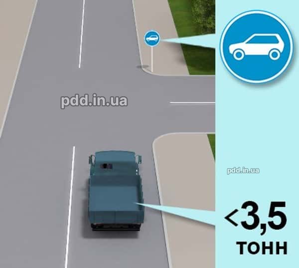 Чи дозволено в зображеній ситуації рух прямо вантажному автомобілю, якщо його дозволена максимальна маса менш ніж 3,5 т?