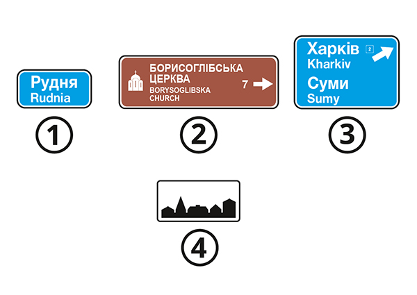 Який із зображених дорожніх знаків інформує про напрямок руху до зазначених на ньому пам'яток?